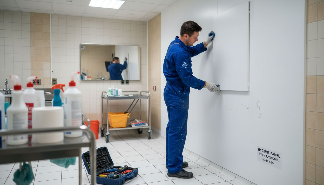 Worker installing PVC cladding in hospital room