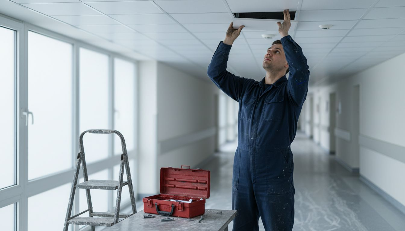Technician installing PVC cladding hospital ceiling
