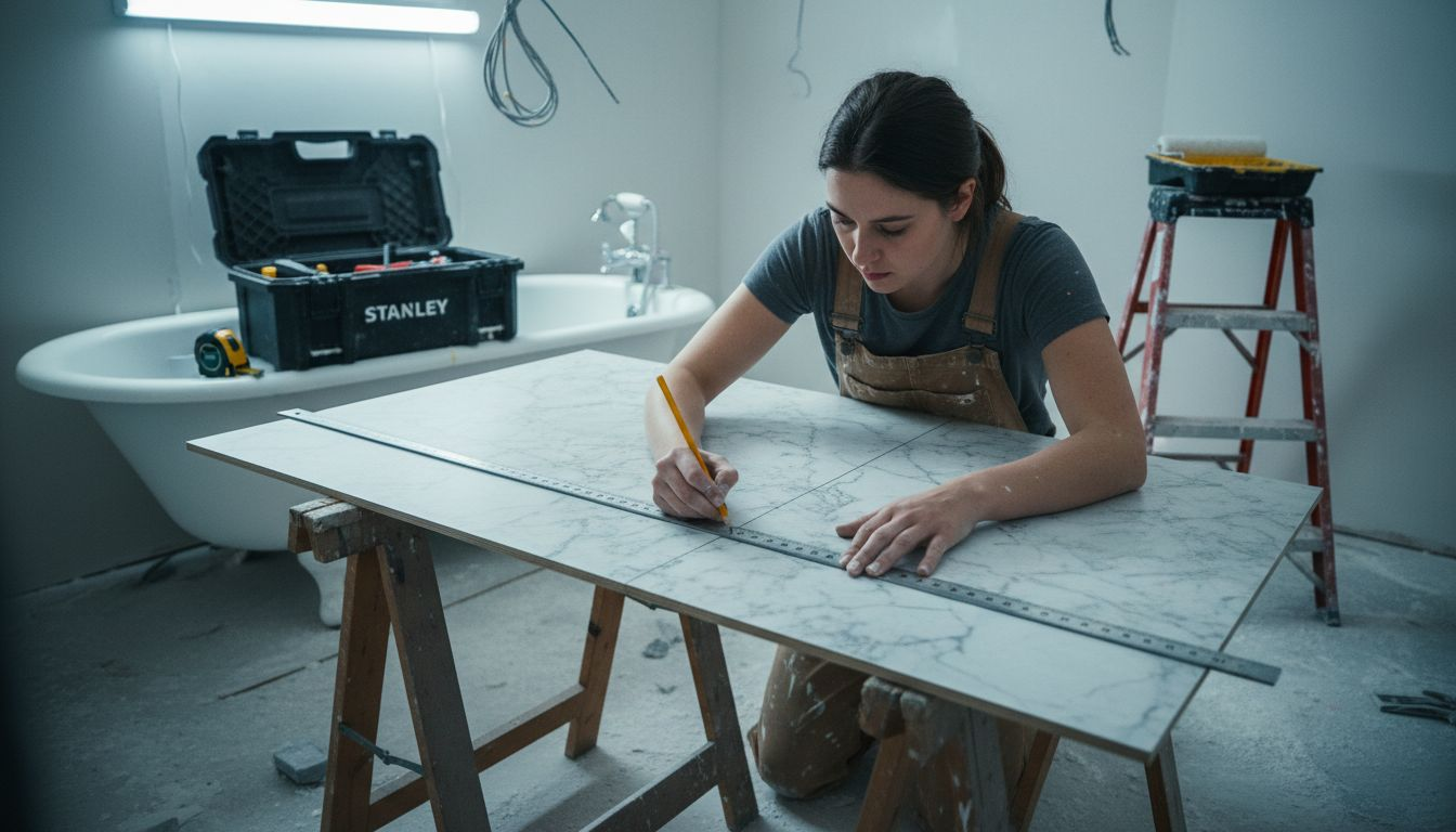 Woman measuring and marking bathroom panel