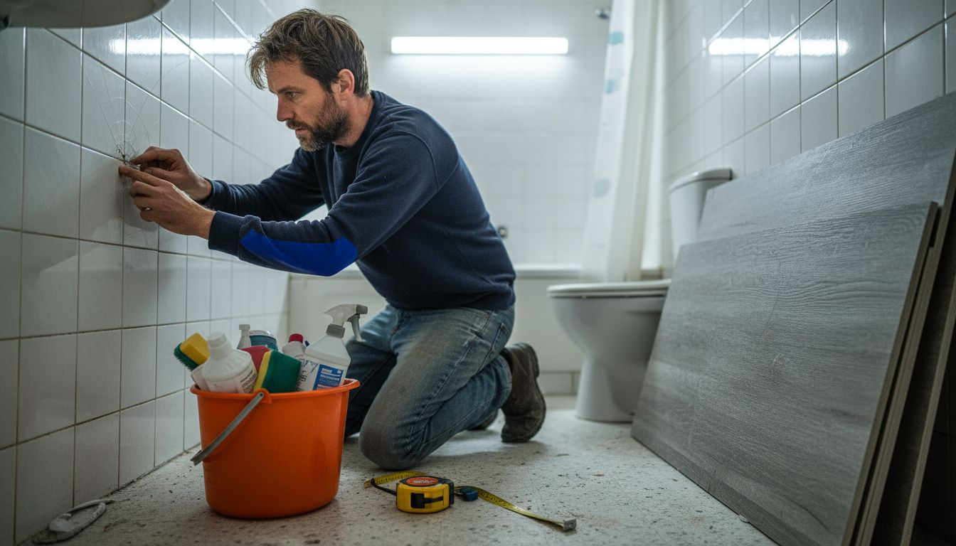 Person preparing bathroom wall for cladding