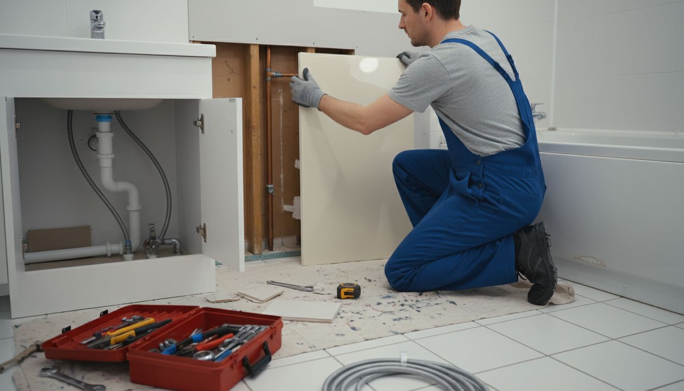 Plumber installing protective bathroom wall panels