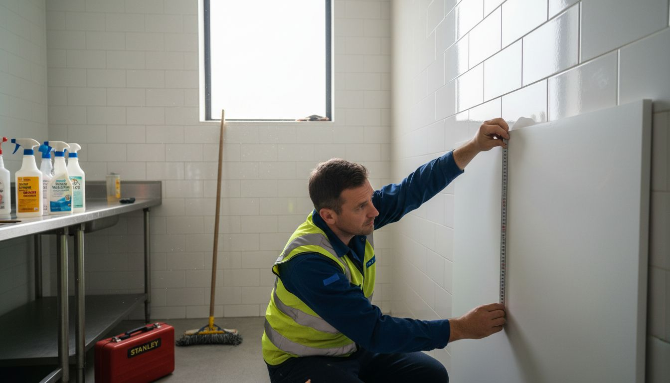 Installer fitting hygienic wall panel in kitchen