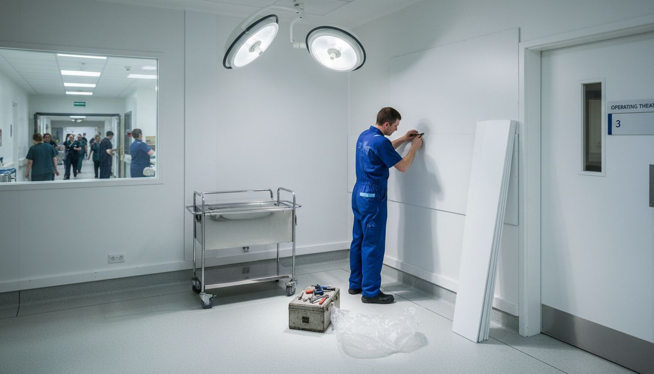 Worker fitting PVC wall cladding in hospital