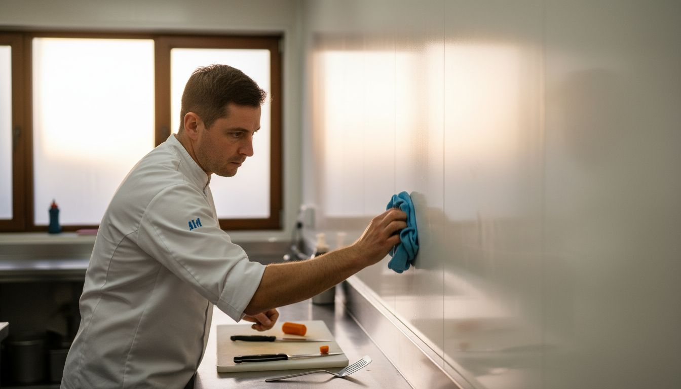 Chef cleaning PVC wall panels in kitchen
