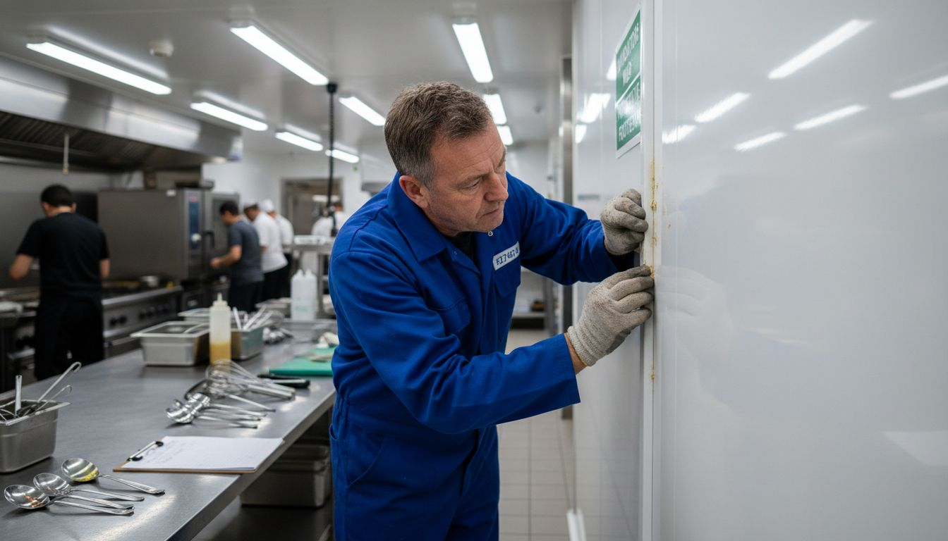 Worker inspecting wall cladding trims in kitchen