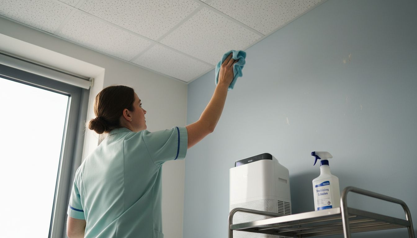 Nurse cleaning hygienic ceiling panels