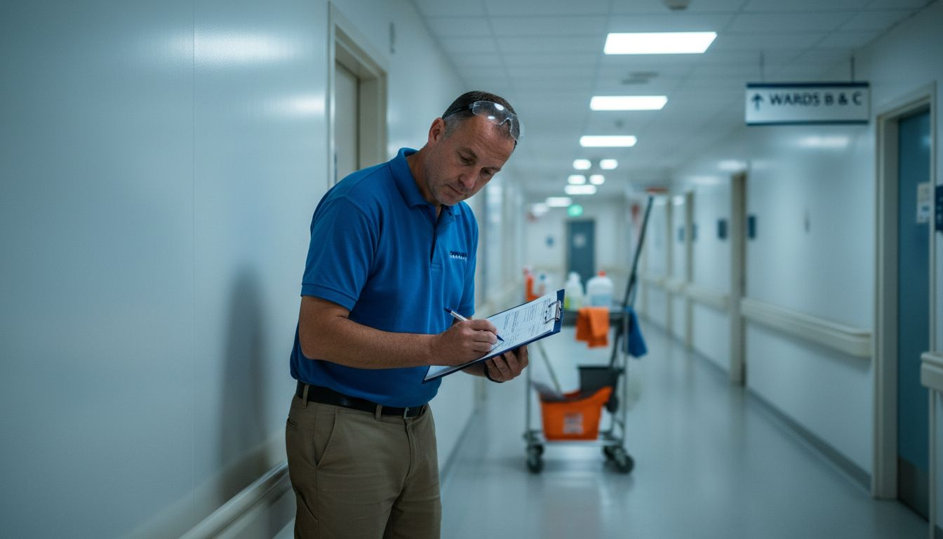 Facility manager inspecting hygienic wall cladding in hospital