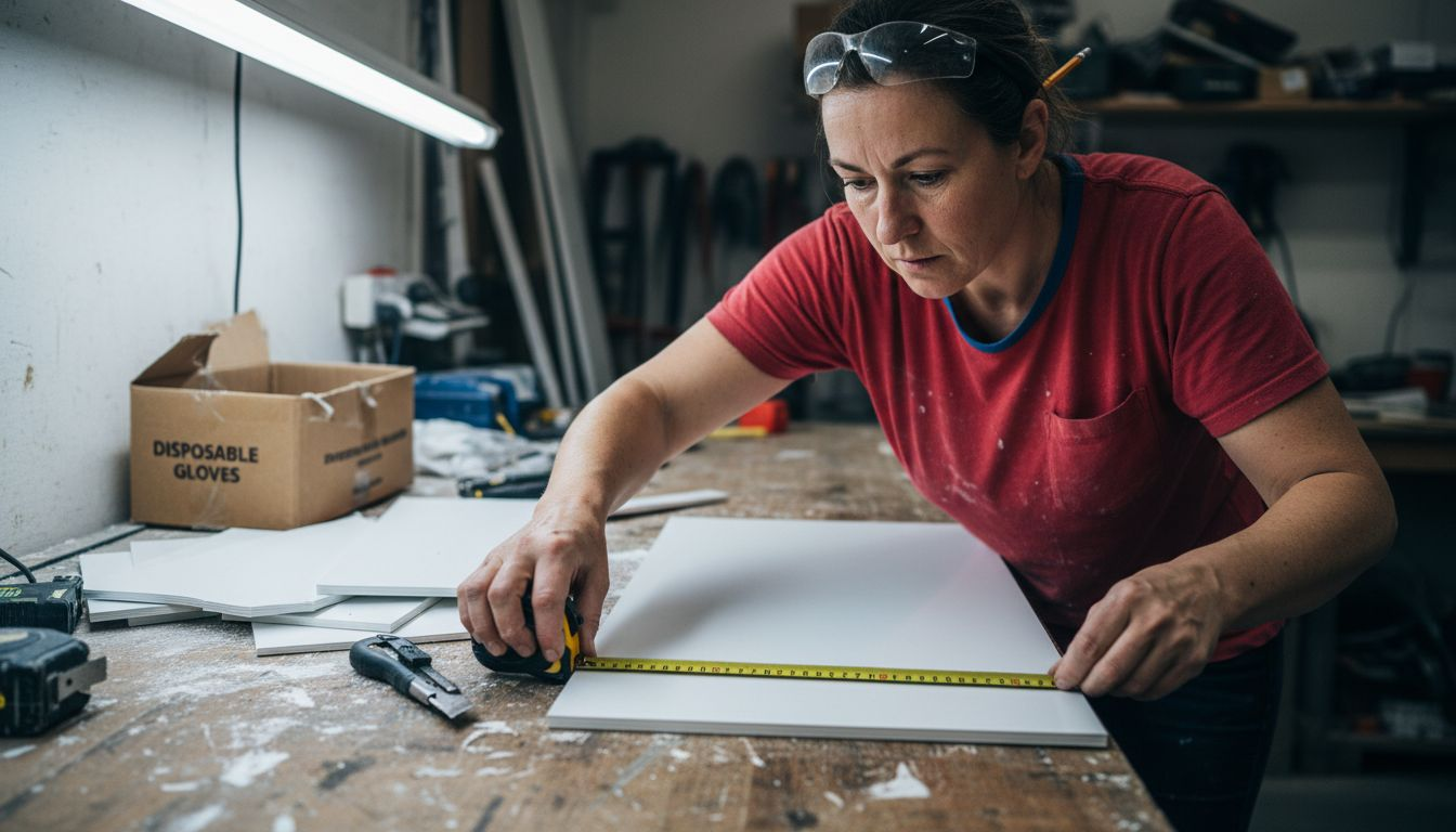 Worker measuring and cutting PVC cladding