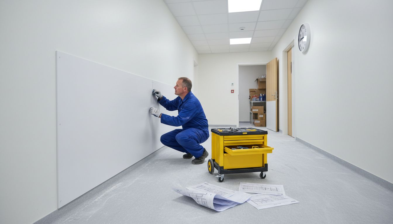 Wall cladding installer checks hygienic hospital wall