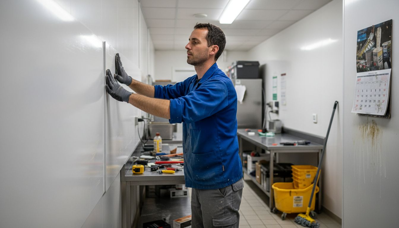 Installer fitting PVC wall cladding in kitchen