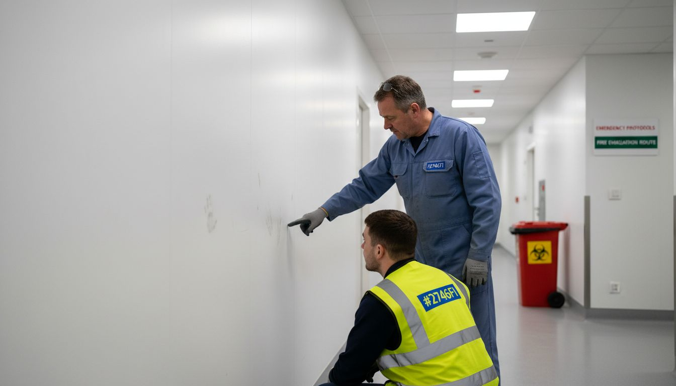 Hospital staff inspecting hygienic wall cladding