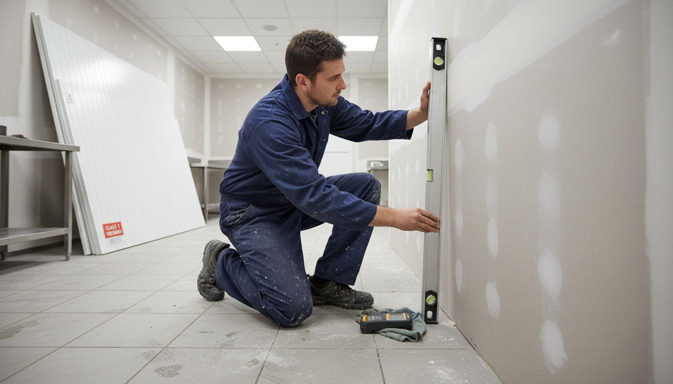 Installer inspecting wall for cladding prep