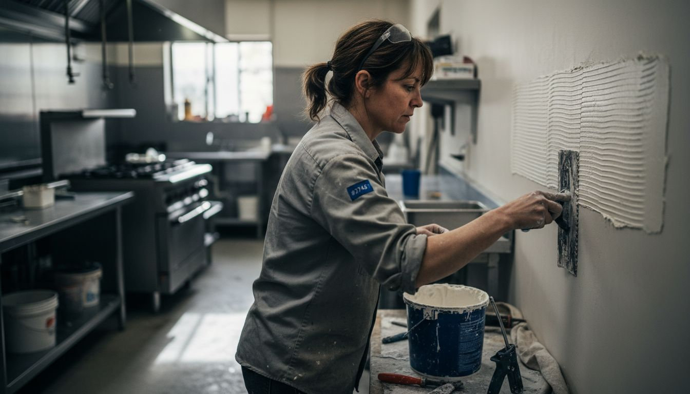 Worker applying adhesive to kitchen wall