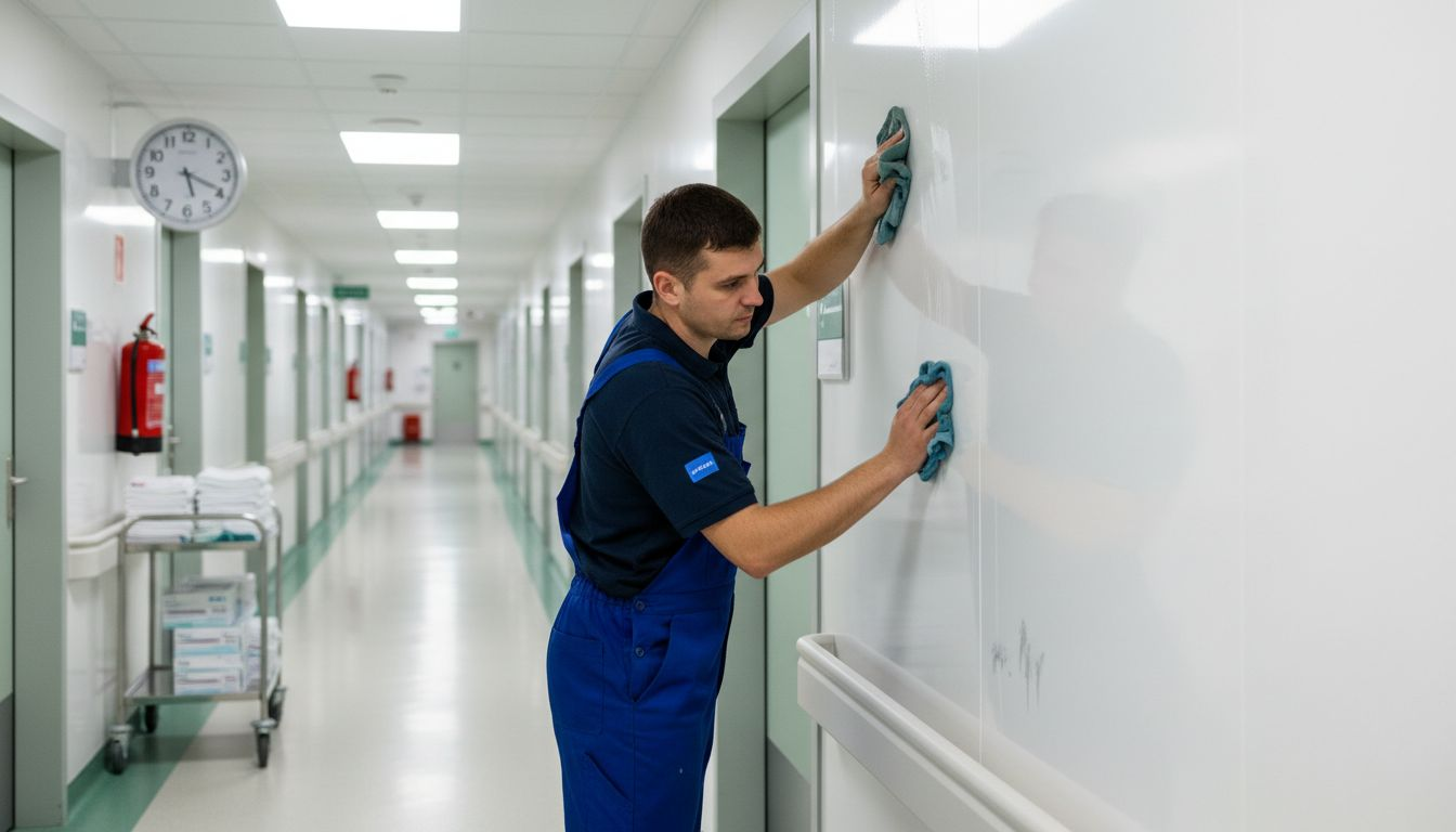 Worker cleaning PVC hospital wall corridor panels