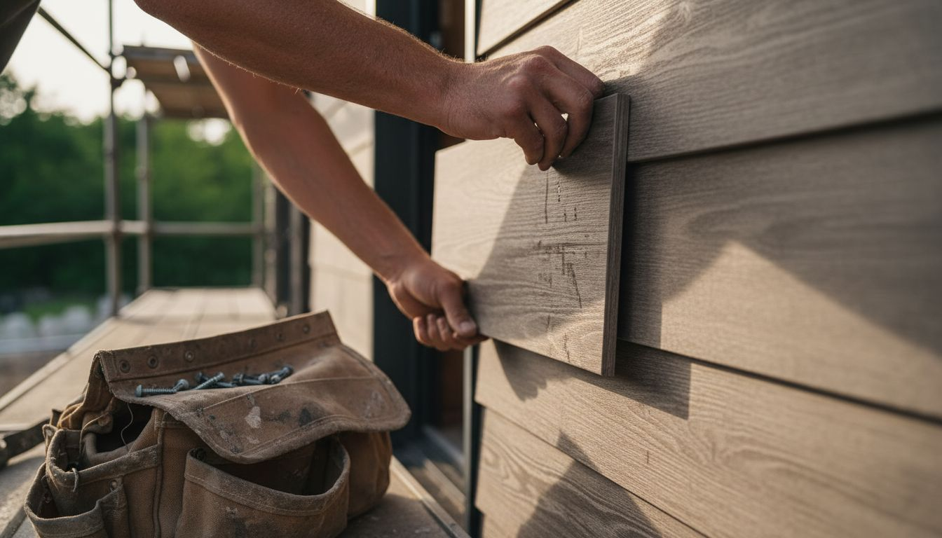 Installer fits composite shiplap board close-up