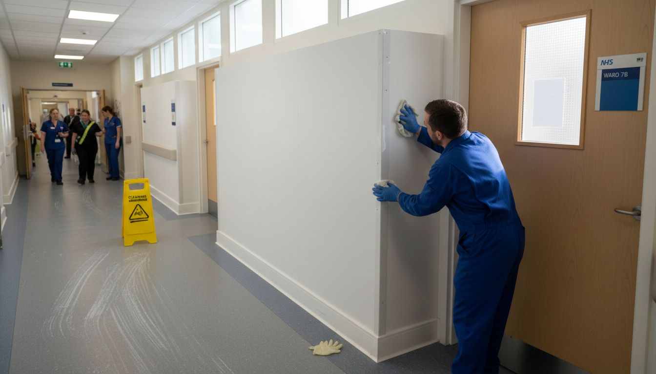 Worker installing waterproof cladding in hospital corridor