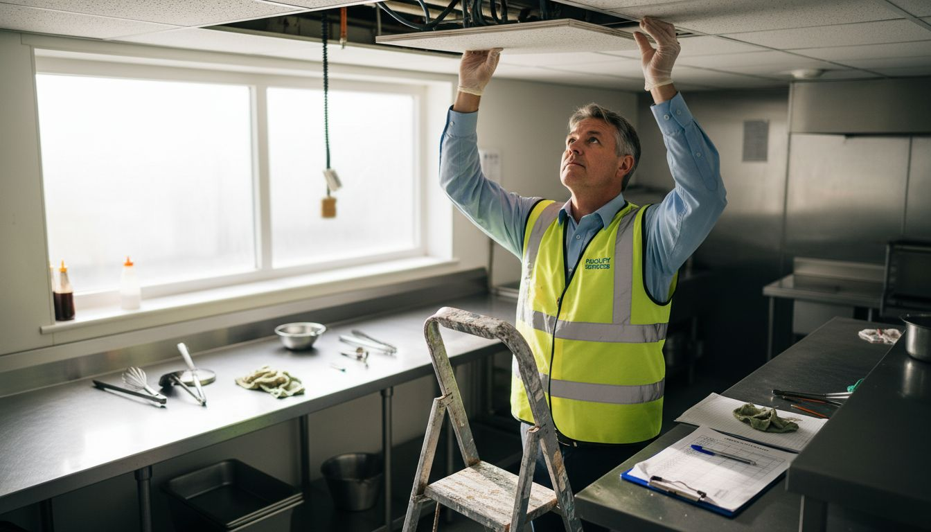 Facility manager inspects commercial kitchen ceiling