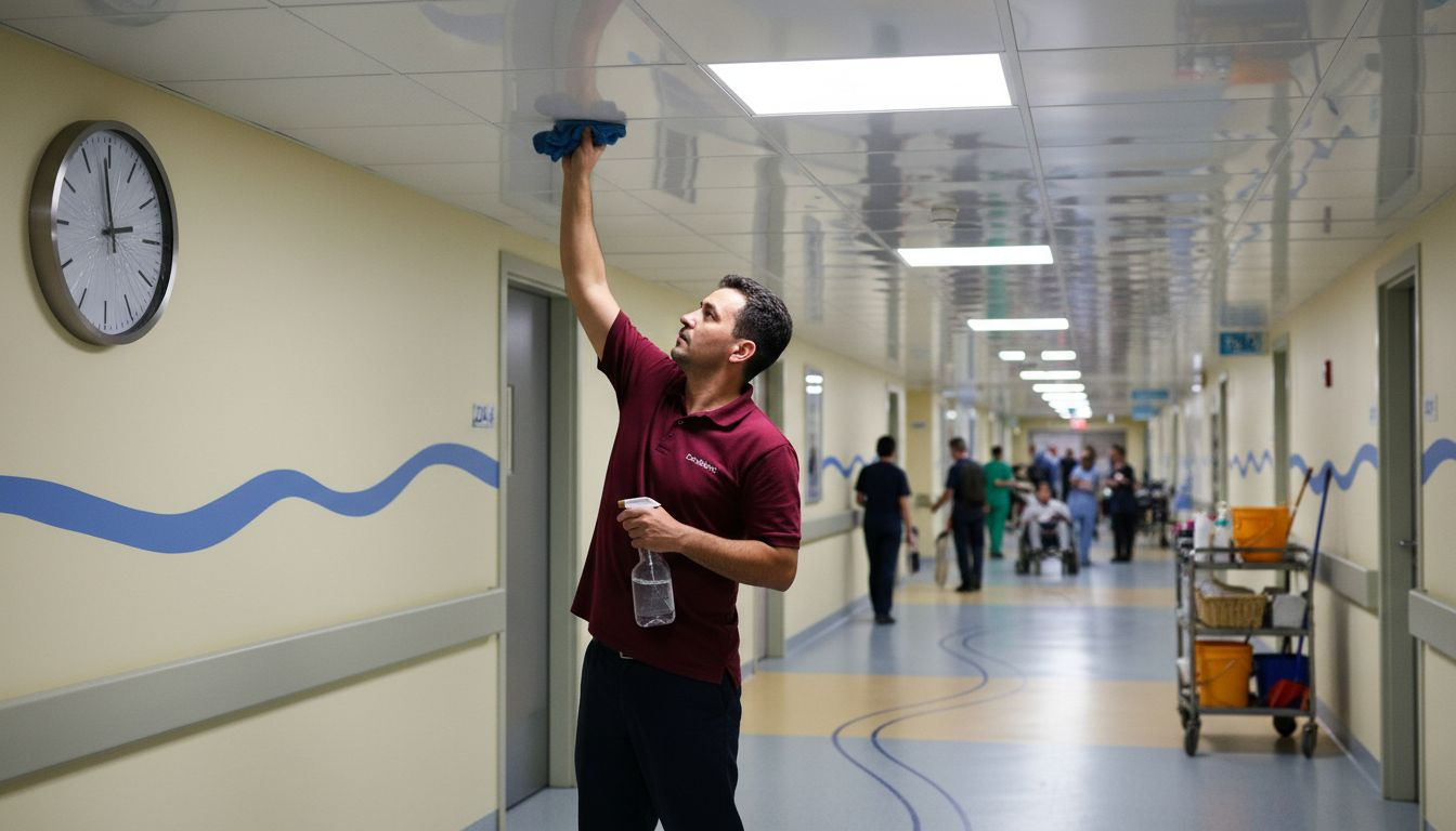 Janitor cleaning PVC ceiling panels in hospital