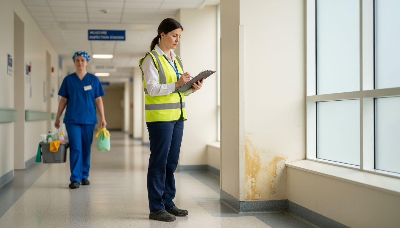 Manager inspecting wall panels for moisture risk