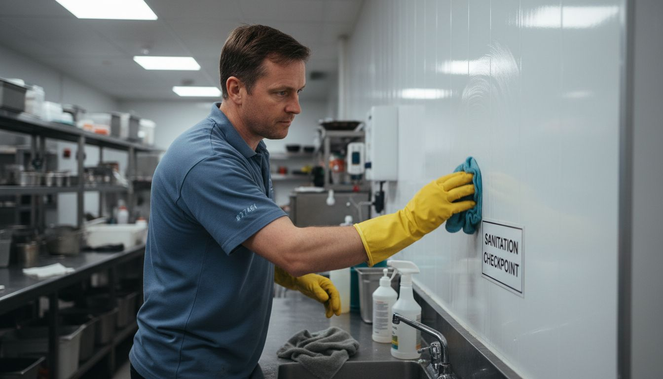 Worker cleaning wall panel with disinfectant
