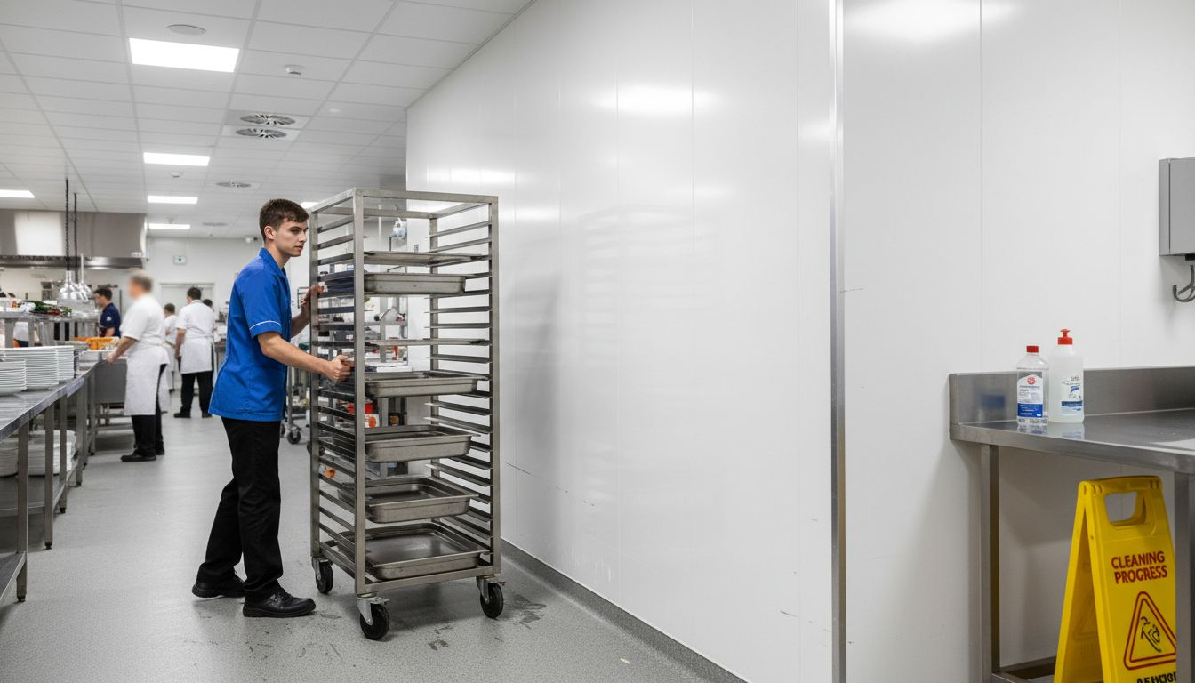 Kitchen staff moving rack beside durable wall