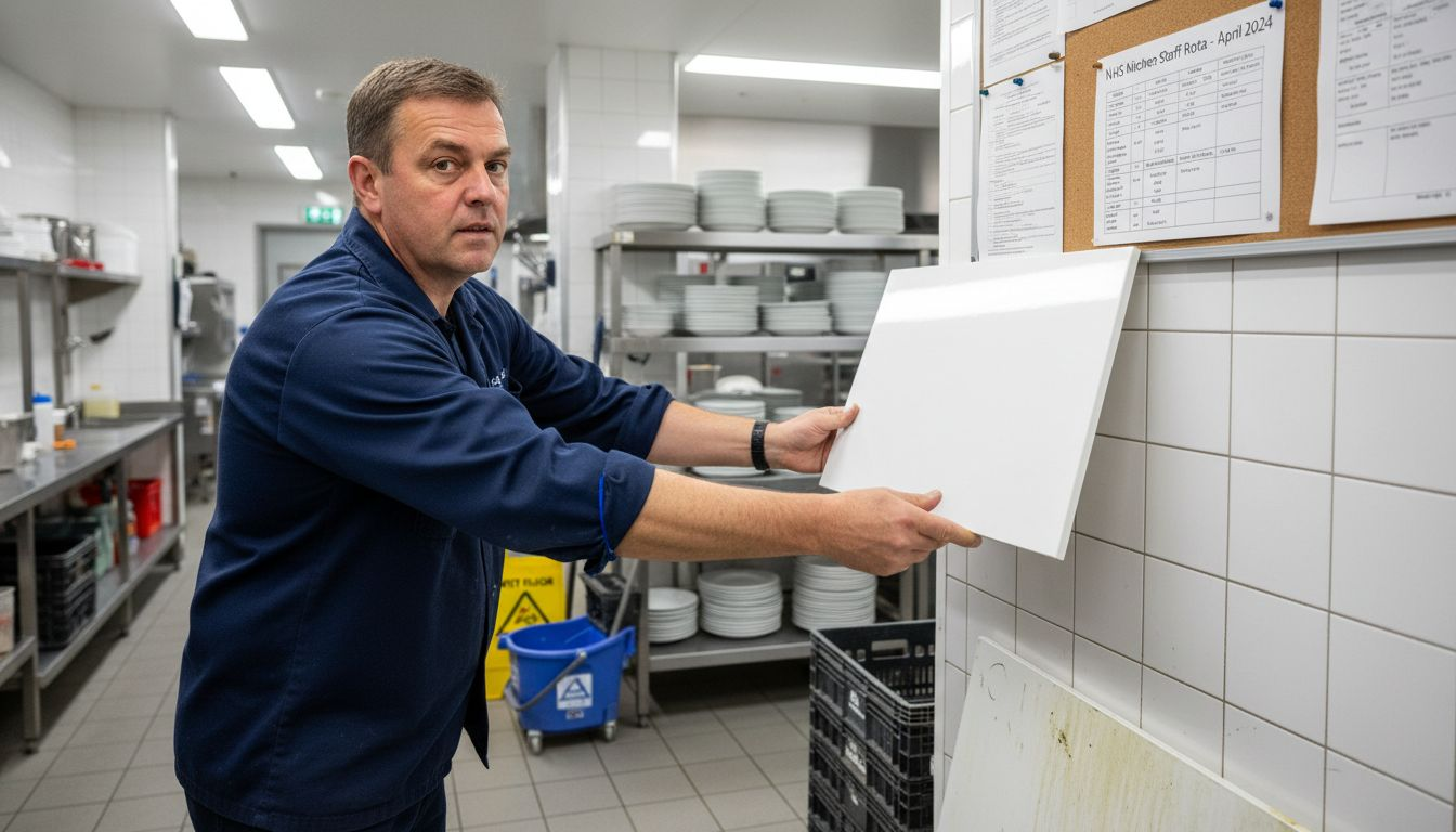 Supervisor replaces PVC panel in NHS kitchen