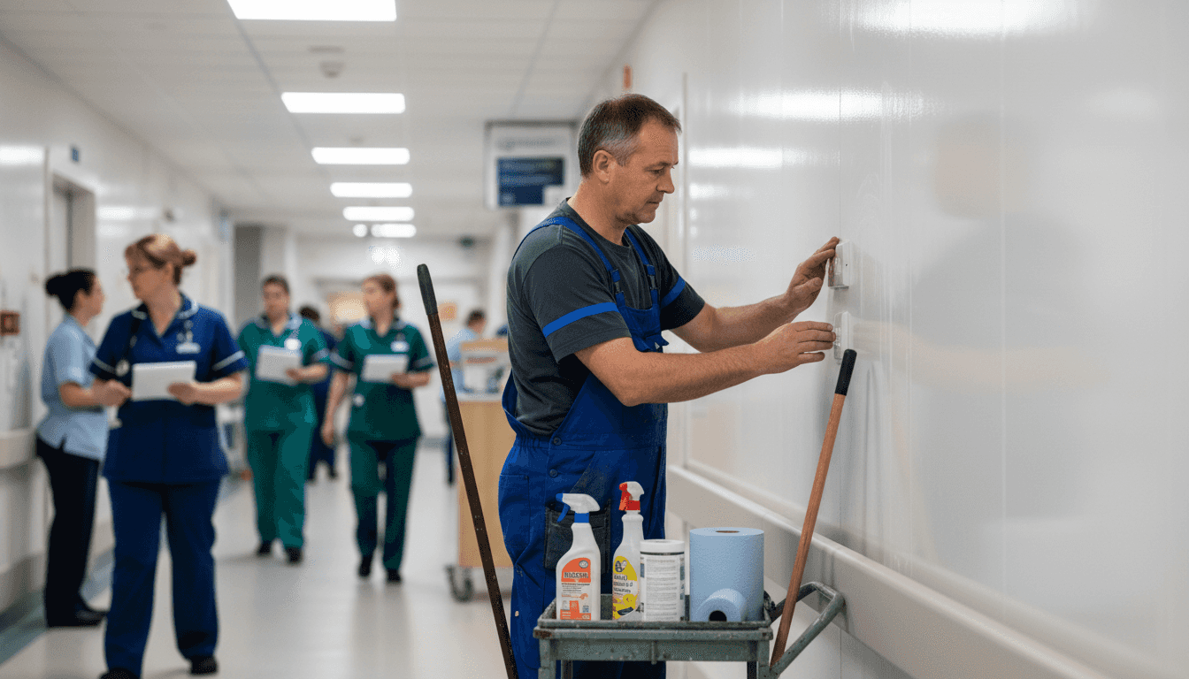 Hospital worker inspecting hygienic wall panels