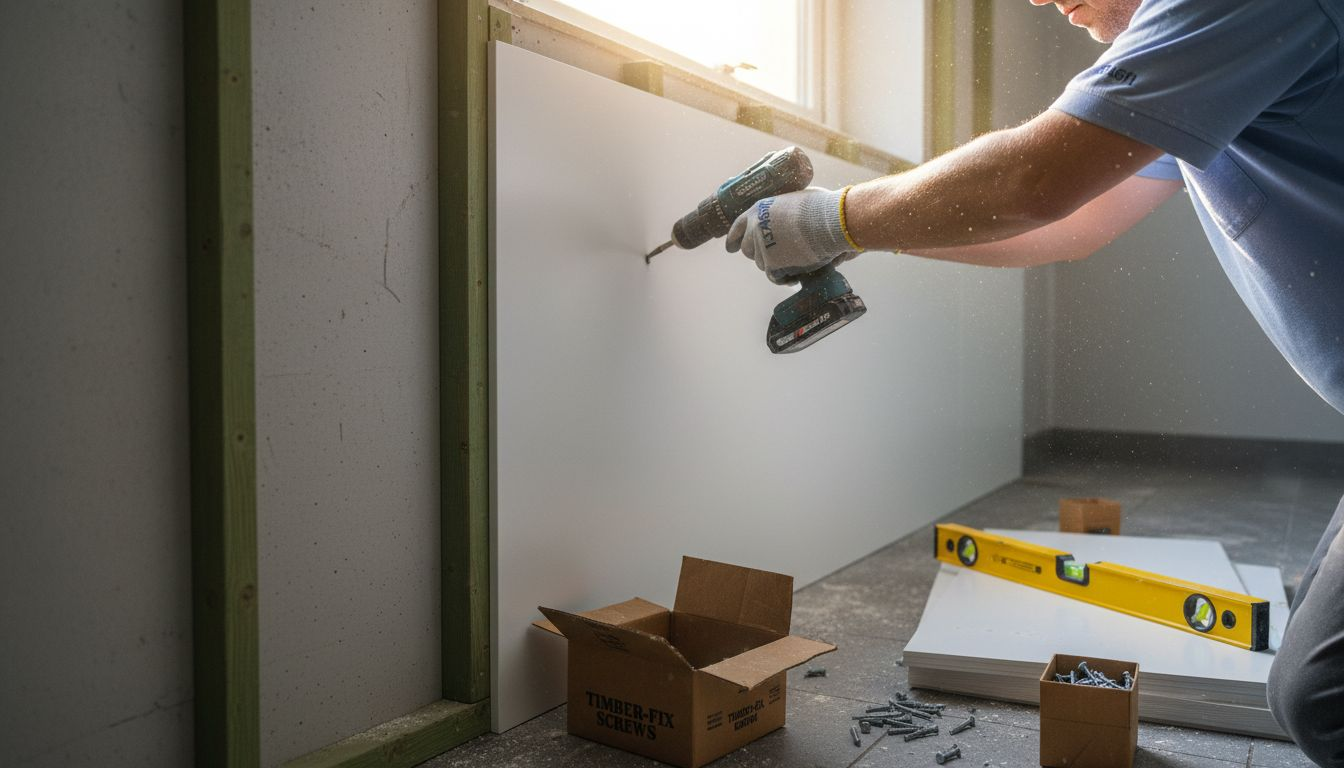 Worker fixing PVC cladding with drill