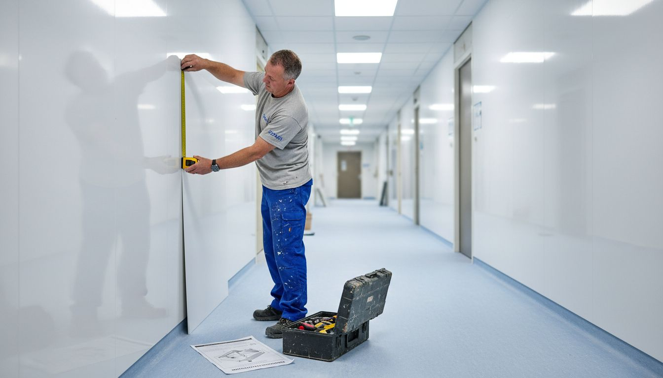 Contractor measures PVC wall cladding in hospital
