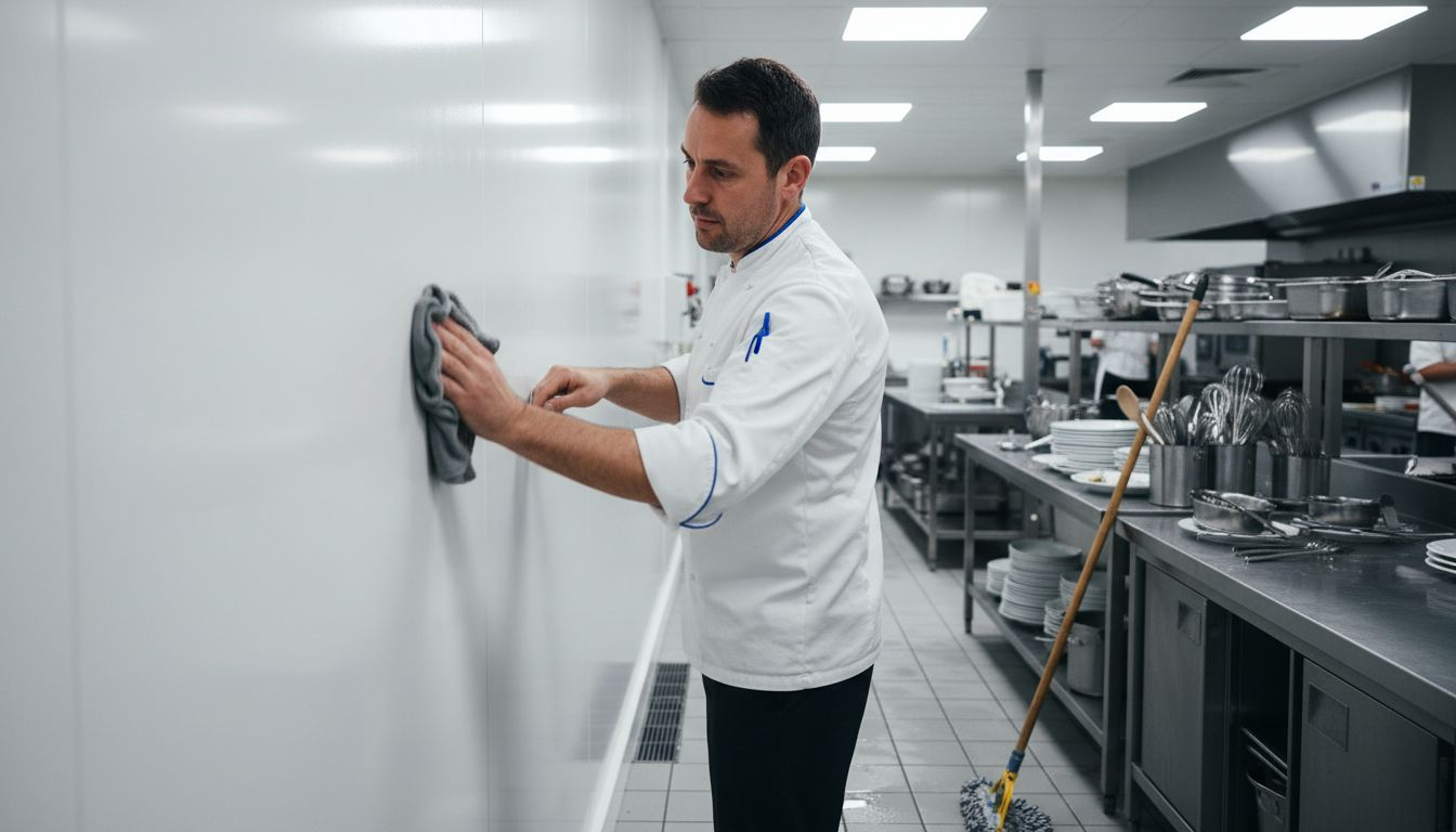 Worker cleans PVC cladded kitchen wall