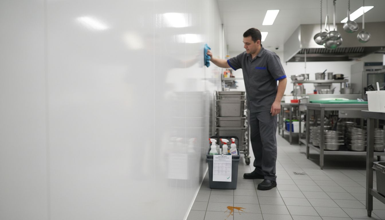 Staff quickly cleans seamless kitchen wall