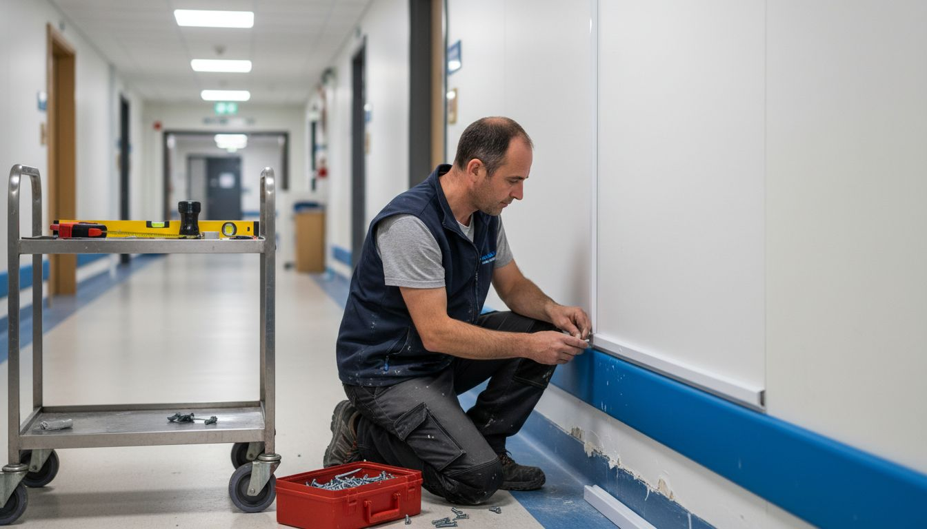 Installer fitting cladding trim in hospital corridor