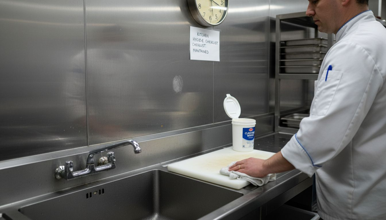 Chef cleans stainless steel kitchen cladding