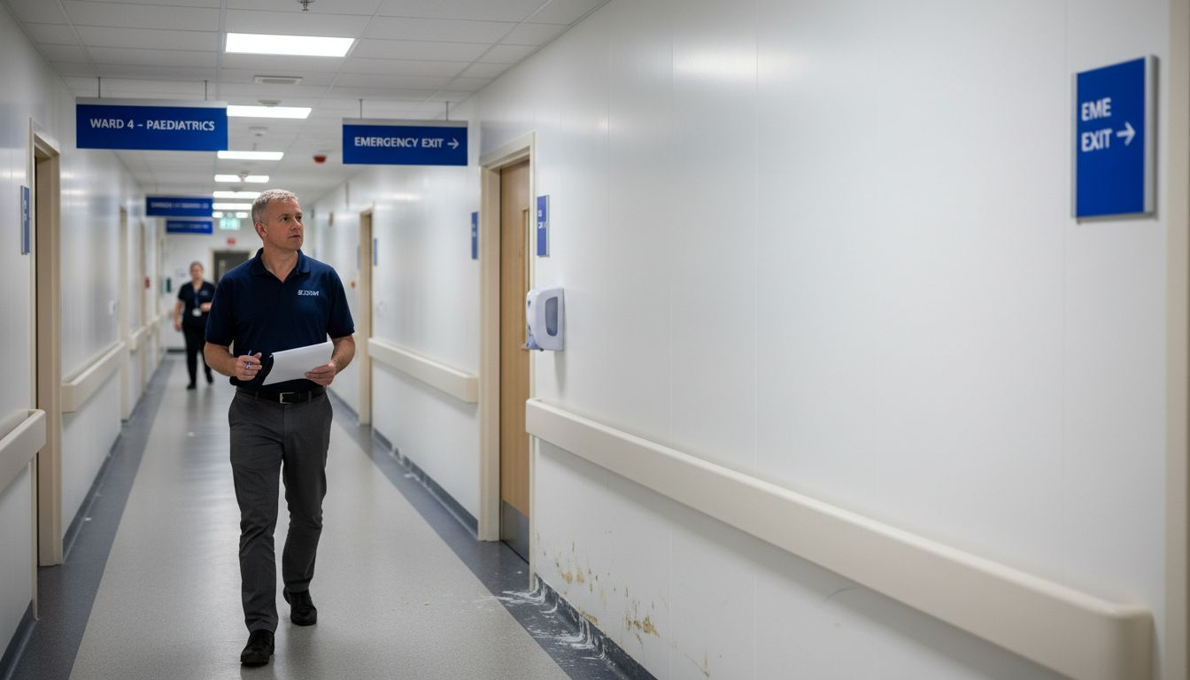 Manager inspecting hygienic wall panels in hospital