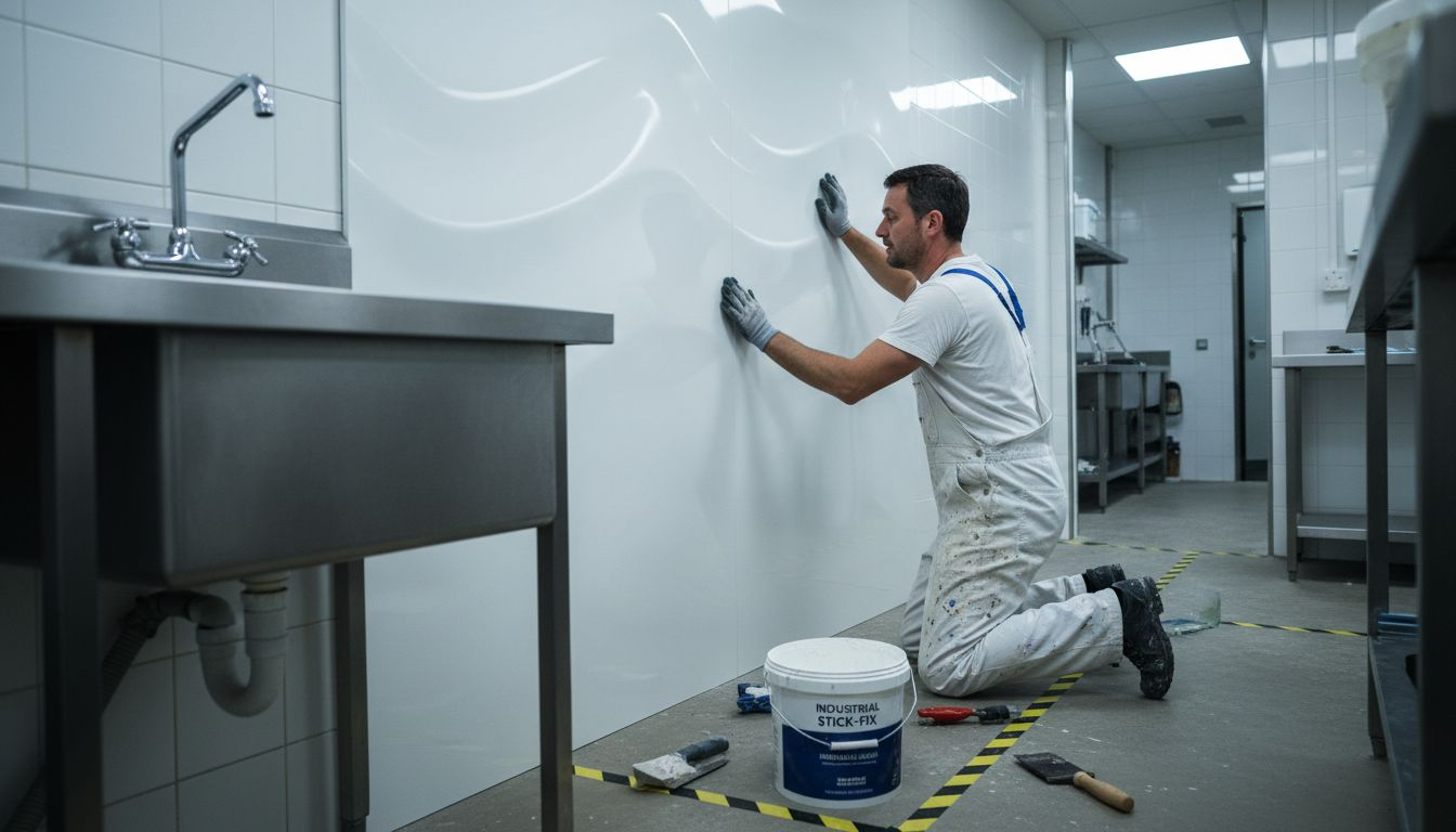 Contractor installing PVC wall panel in kitchen