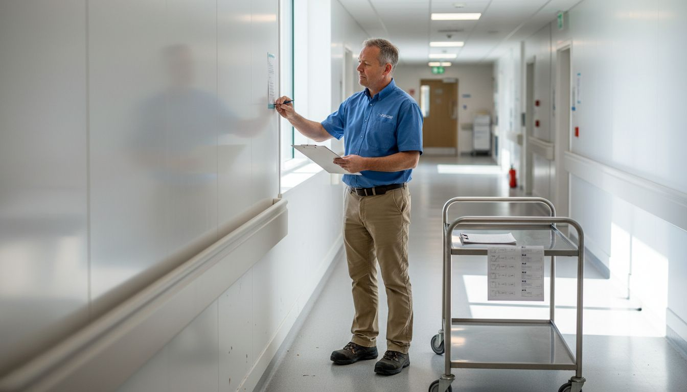Facility manager inspects hygienic wall panels