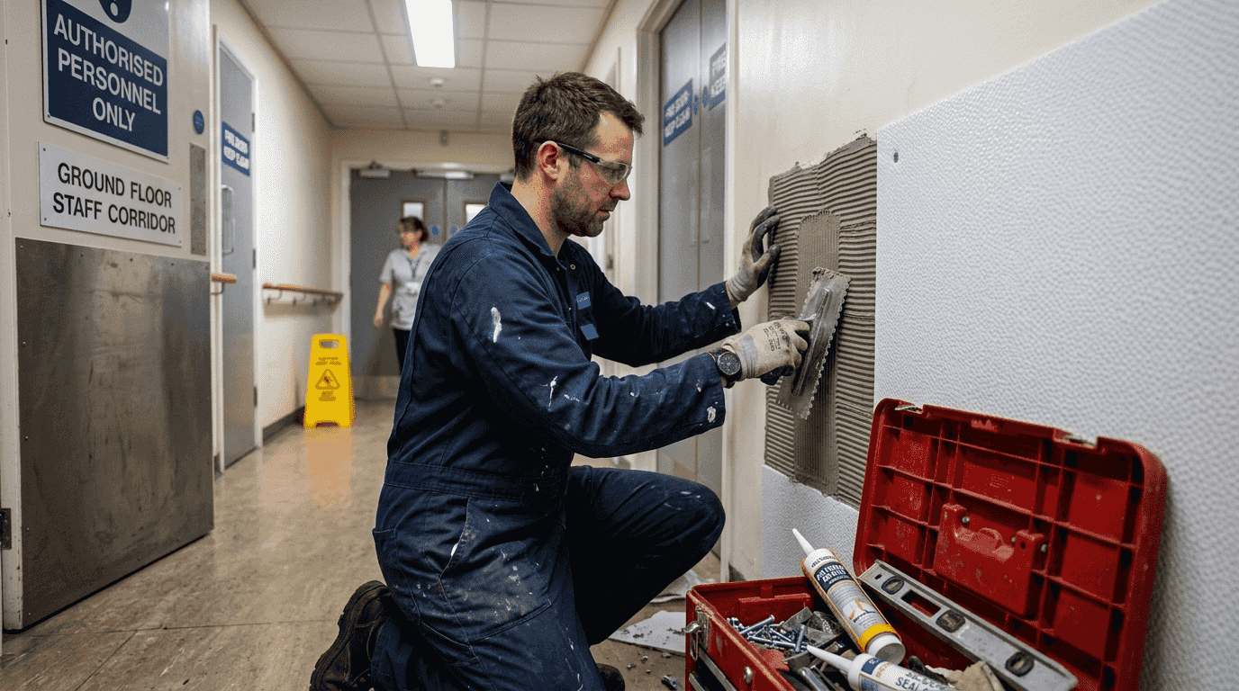 Technician installs FRP hygienic wall panels