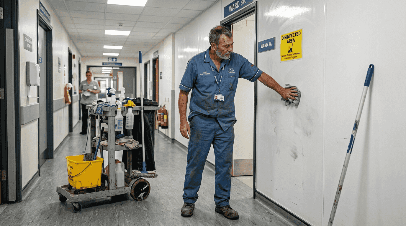 Healthcare worker cleaning pvc wall panels