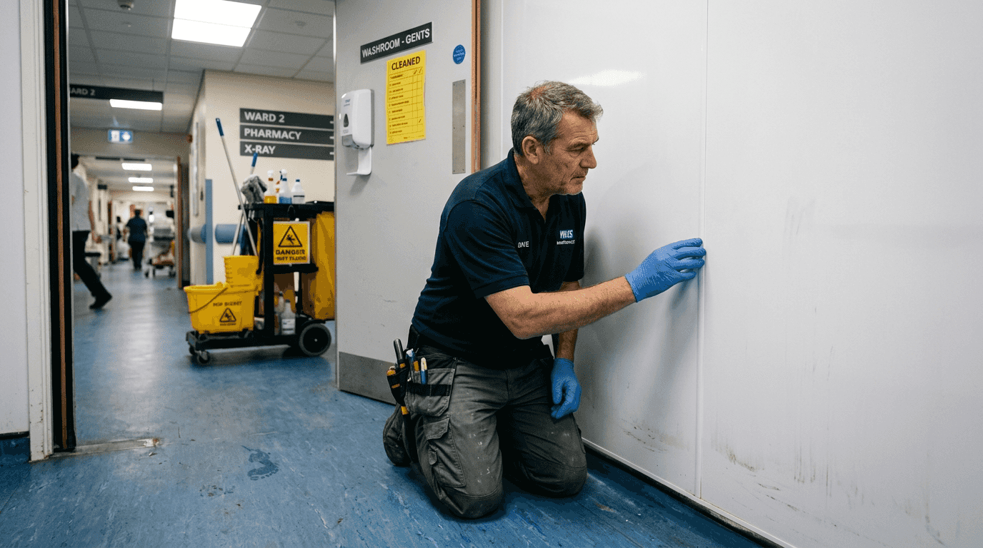 Technician inspecting waterproof wall panels in hospital