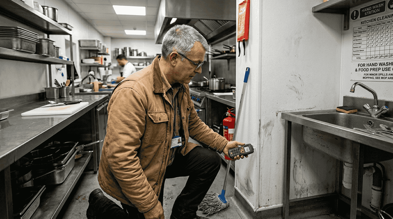 Inspector using moisture meter on kitchen wall panel