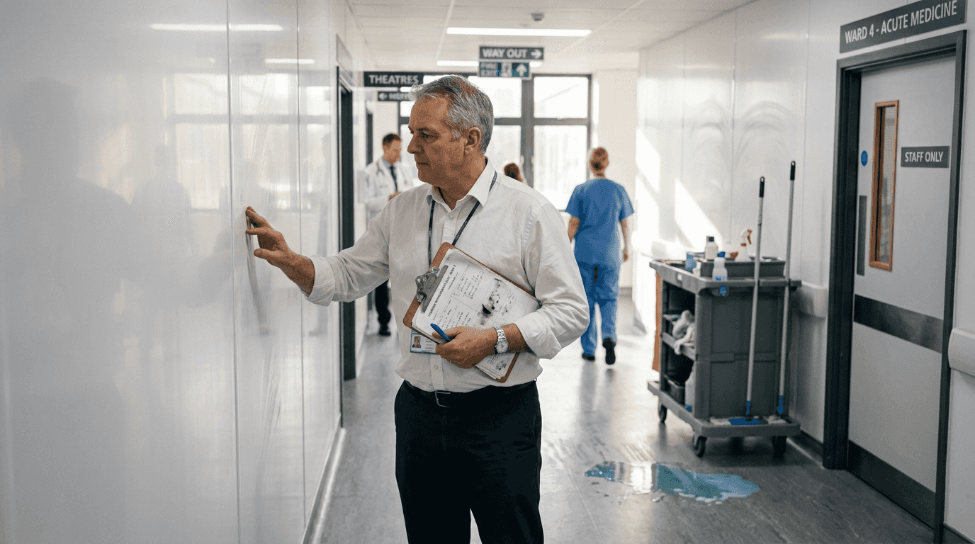 Manager inspecting hygienic wall finishes