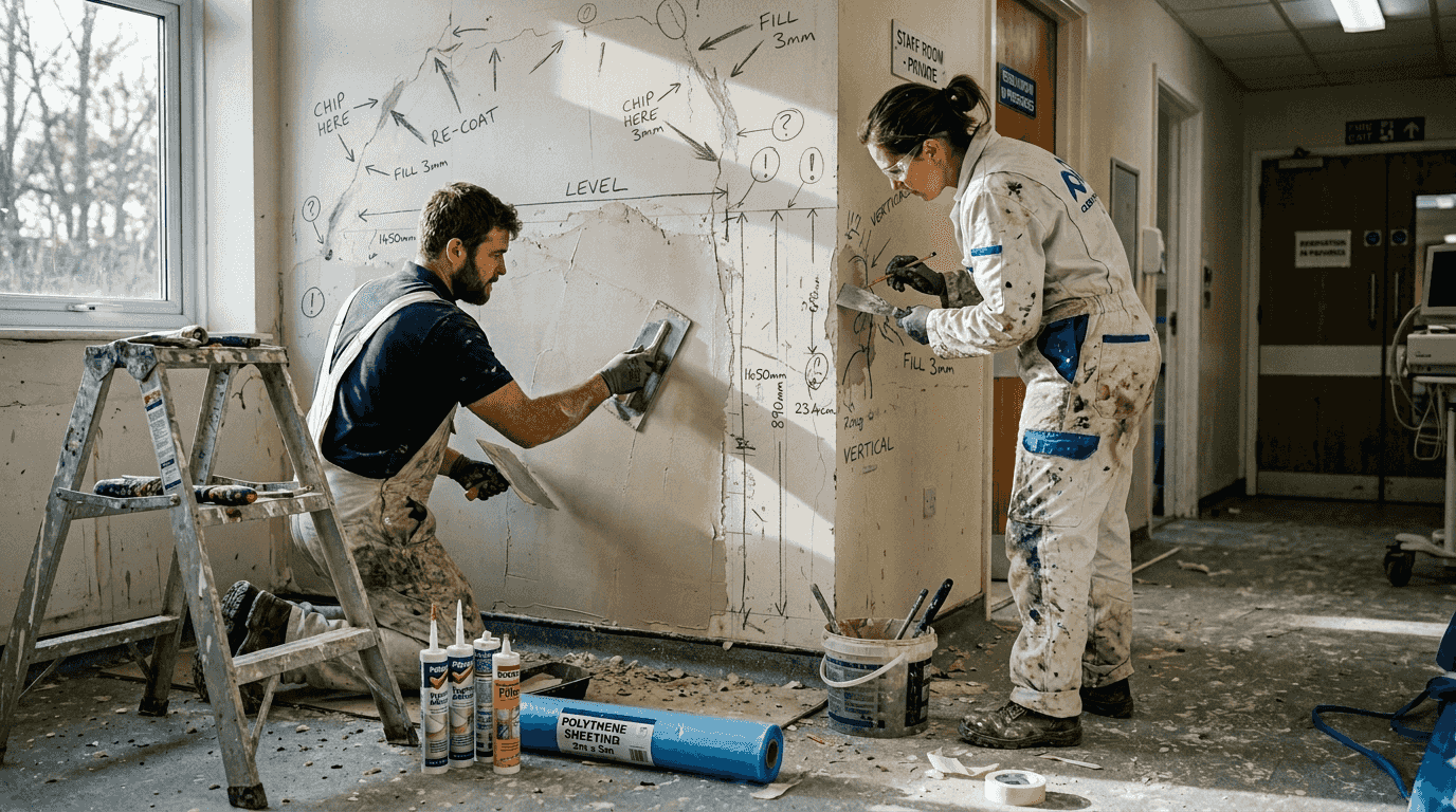 Installers preparing wall for finish
