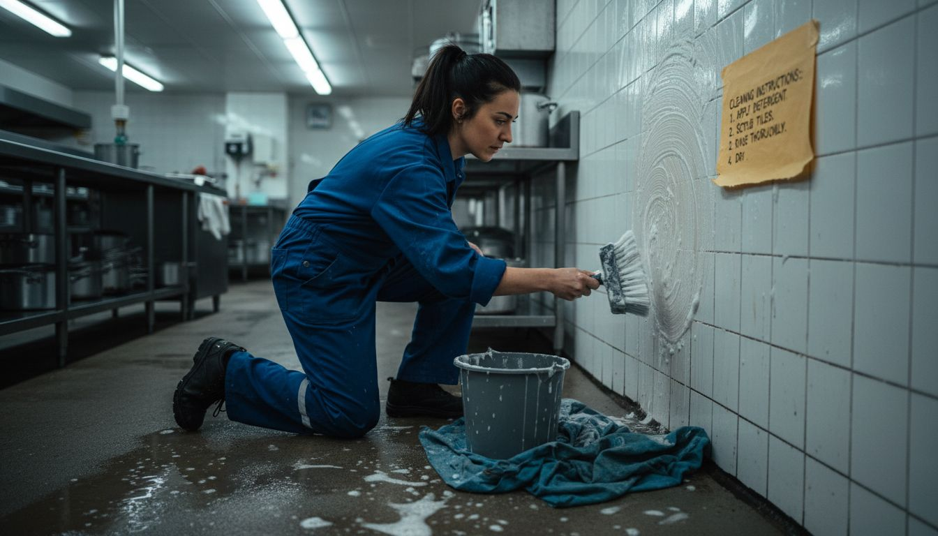 Technician cleaning kitchen wall before PVC cladding