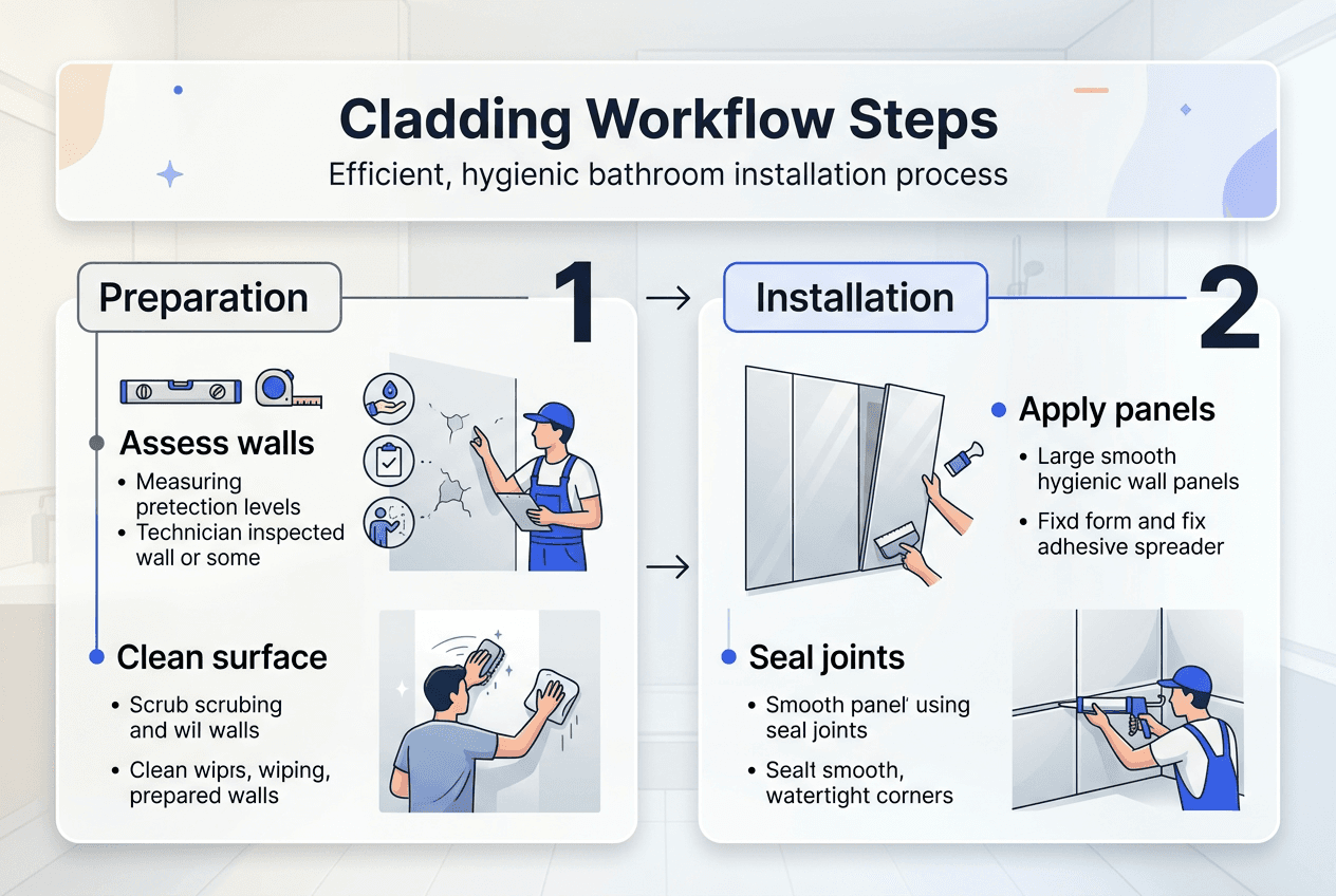 Infographic diagram of bathroom cladding workflow steps