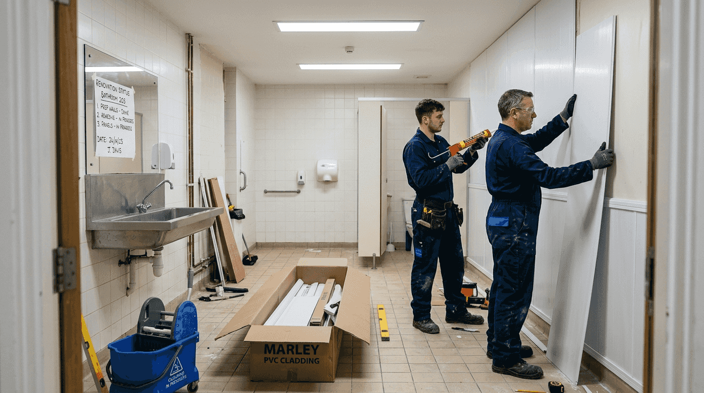 Workers installing hygienic bathroom cladding panels