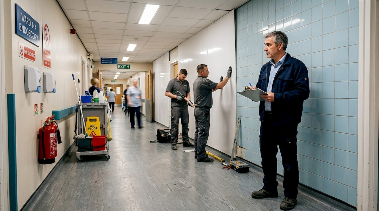 Workers installing wall cladding in hospital corridor