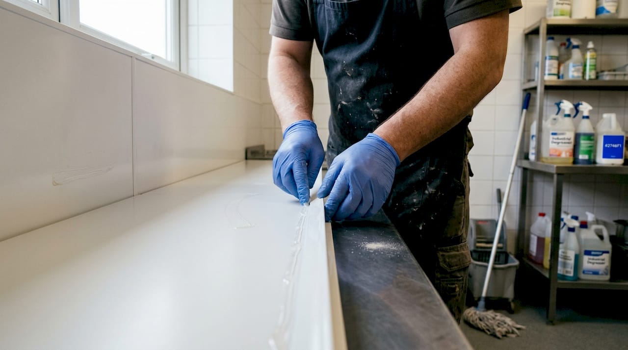 Technician installing precise joint in wall panel