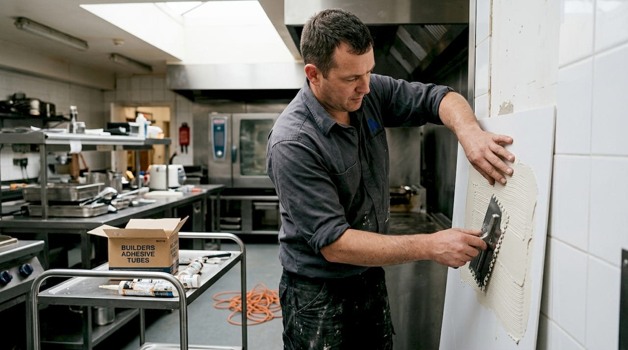 Installer applying adhesive to PVC wall panel