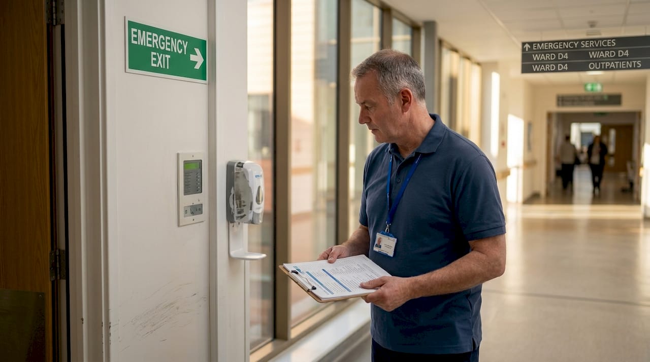 Facilities manager inspecting hospital wall panel