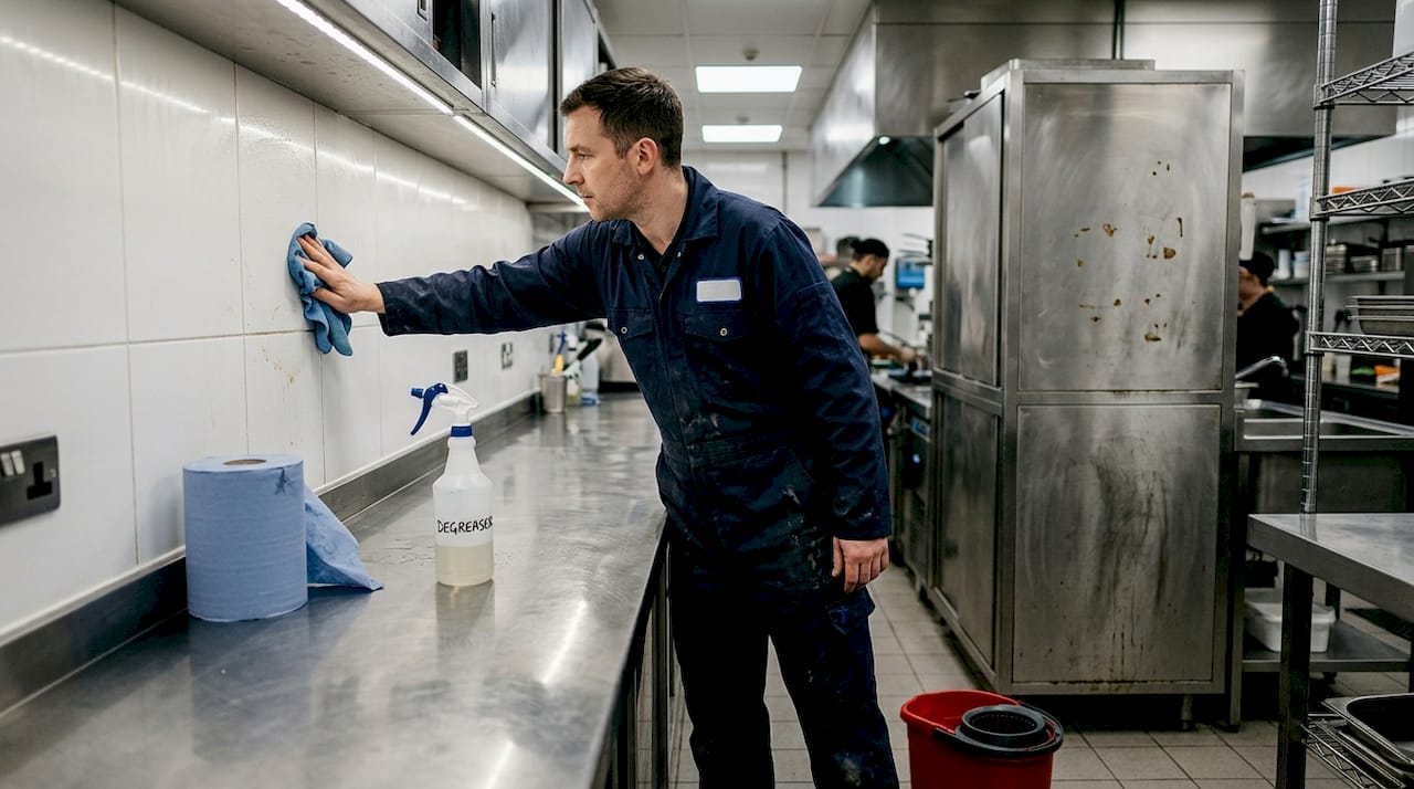 Technician cleaning wall surface before installation